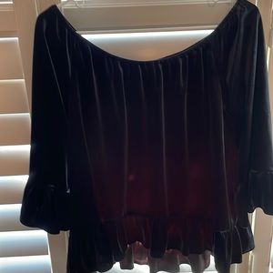 Black velvet off shoulder ruffle hem and sleeve top